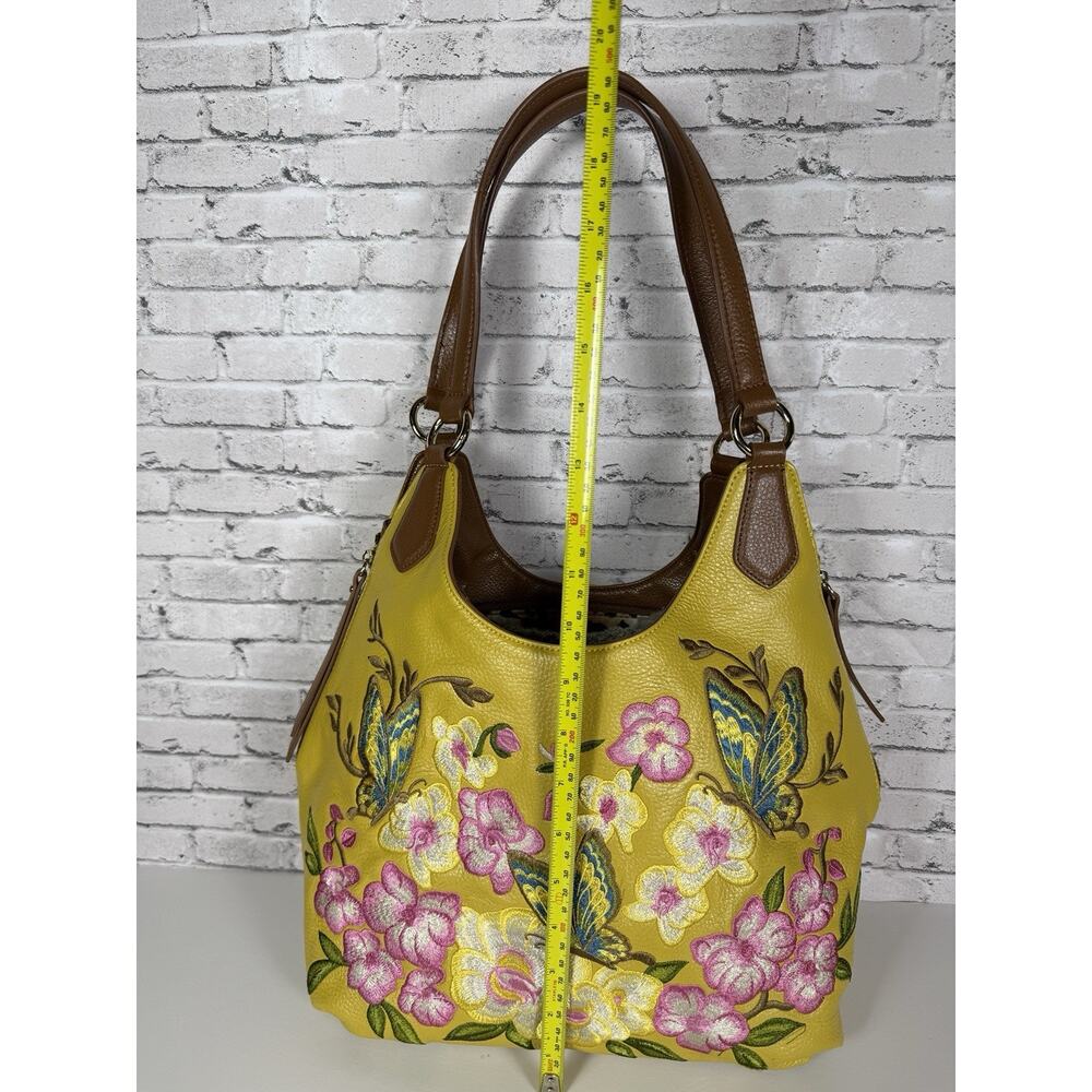 Sharif Yellow Brown Leather Hobo Handbag Embroidery Butterflies Flowers - Picture 5 of 12